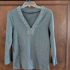 Rafaella Charcoal Long Sleeve Top with Studded V-Neck